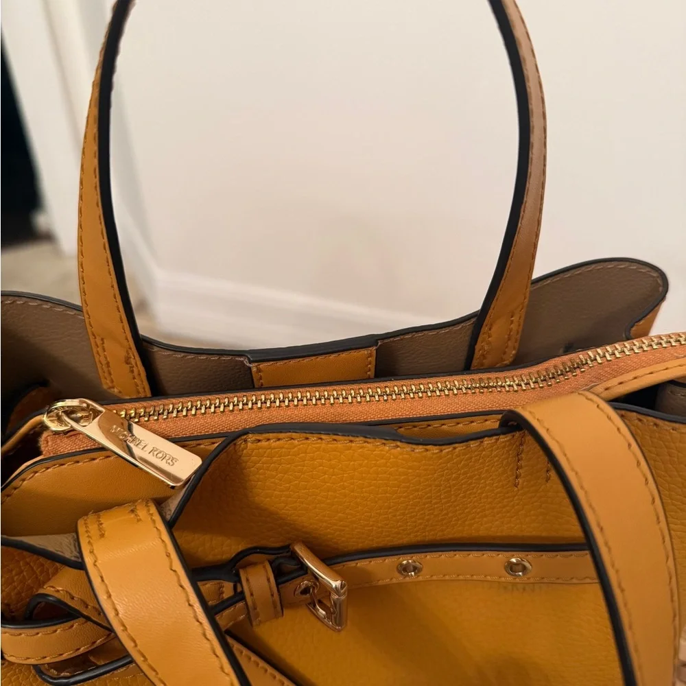 Michael Kors Emilia Mustard Yellow Pebbled Leather Belted Crossbody Satchel Bag